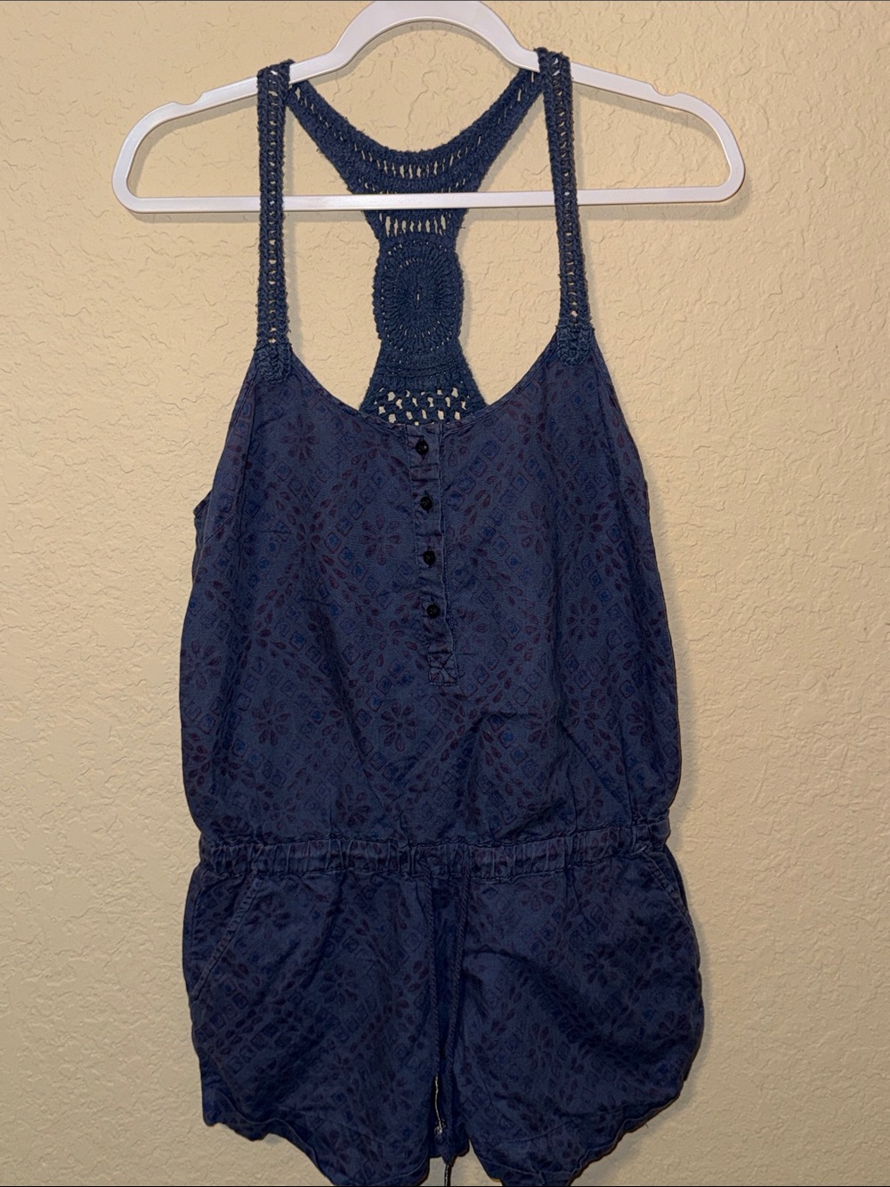 Free People Navy Crochet-Back Romper